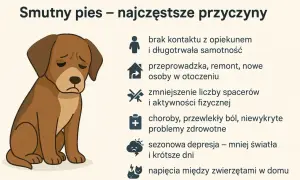 Smutny pies, który wyje pod nieobecność właścicieli, może cierpieć z powodu samotności, zmian w otoczeniu lub problemów zdrowotnych.