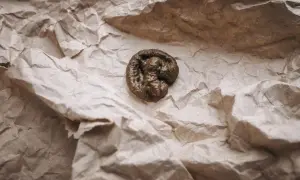Oto jak wygląda kupa kota: brązowa, zwinięta w spiralę, leżąca na pogniecionej brązowej papierowej serwetce.