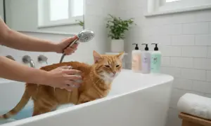 Pomarańczowy kot w wannie, myty prysznicem i ręką. Czy koty się kąpie? Tak, ten rudy kot właśnie przechodzi kąpiel.