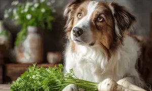 Pies z zaciekawieniem patrzy na pęczek pietruszki i pasternaku. Czy pies może jeść pietruszkę? Tak, w umiarkowanych ilościach.