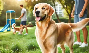 Uśmiechnięty golden retriever, którego waga jest idealna, bawi się z innymi psami i ludźmi w parku.