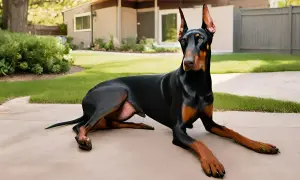Elegancki Doberman, jedna z imponujących ras psów dużych, odpoczywa na podjeździe przed domem.
