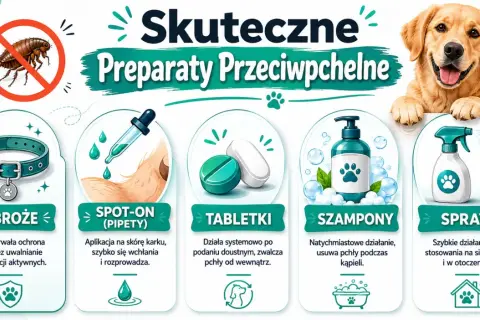 Jak pozbyc sie pchel? Grafika pokazuje obroże, spot-on, tabletki, szampony i spraye jako skuteczne preparaty przeciw pchłom dla psów.