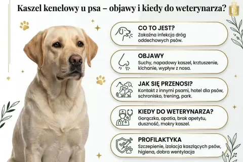Labrador z kaszlem kenelowym, który może wywołać odruch wymiotny. Objawy: suchy kaszel, kichanie, gorączka.