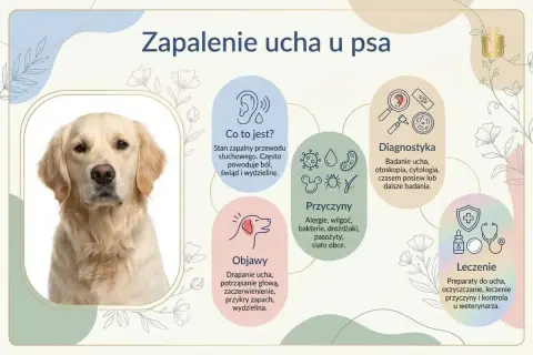 Golden retriever z zapaleniem ucha. Infografika opisuje objawy, przyczyny i leczenie bólu ucha u psa.