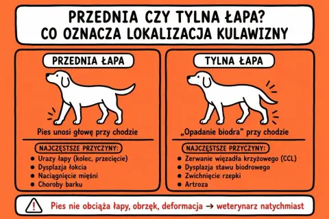 Pies kuleje, ale biega. Ilustracja pokazuje różnice w postawie psa przy kulawiźnie przedniej i tylnej łapy, podając przyczyny.