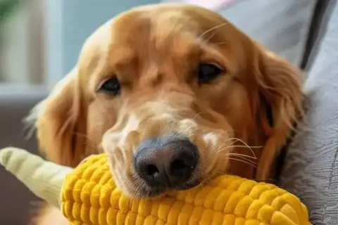 Złoty retriever z zabawką w kształcie kolby kukurydzy. Czy pies może jeść kukurydzę? Tak, ale z umiarem.