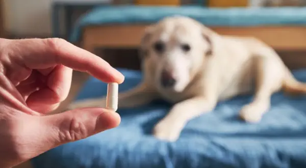 Dłoń trzyma kapsułkę, a w tle leży pies. Czy to paracetamol dla psa?