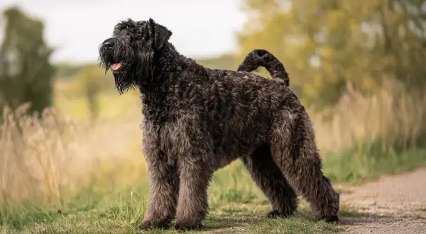 Bouvier des Flandres z kudłatym futrem stoi na tle łąki.