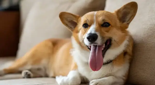 Uroczy corgi leży na kanapie, dysząc z wypuszczonym językiem. Płytki i szybki oddech u psa może oznaczać, że jest mu gorąco lub podekscytowany.