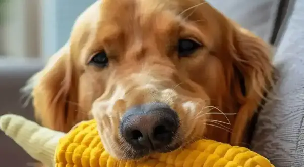 Złoty retriever z zabawką w kształcie kolby kukurydzy. Czy pies może jeść kukurydzę? Tak, ale z umiarem.