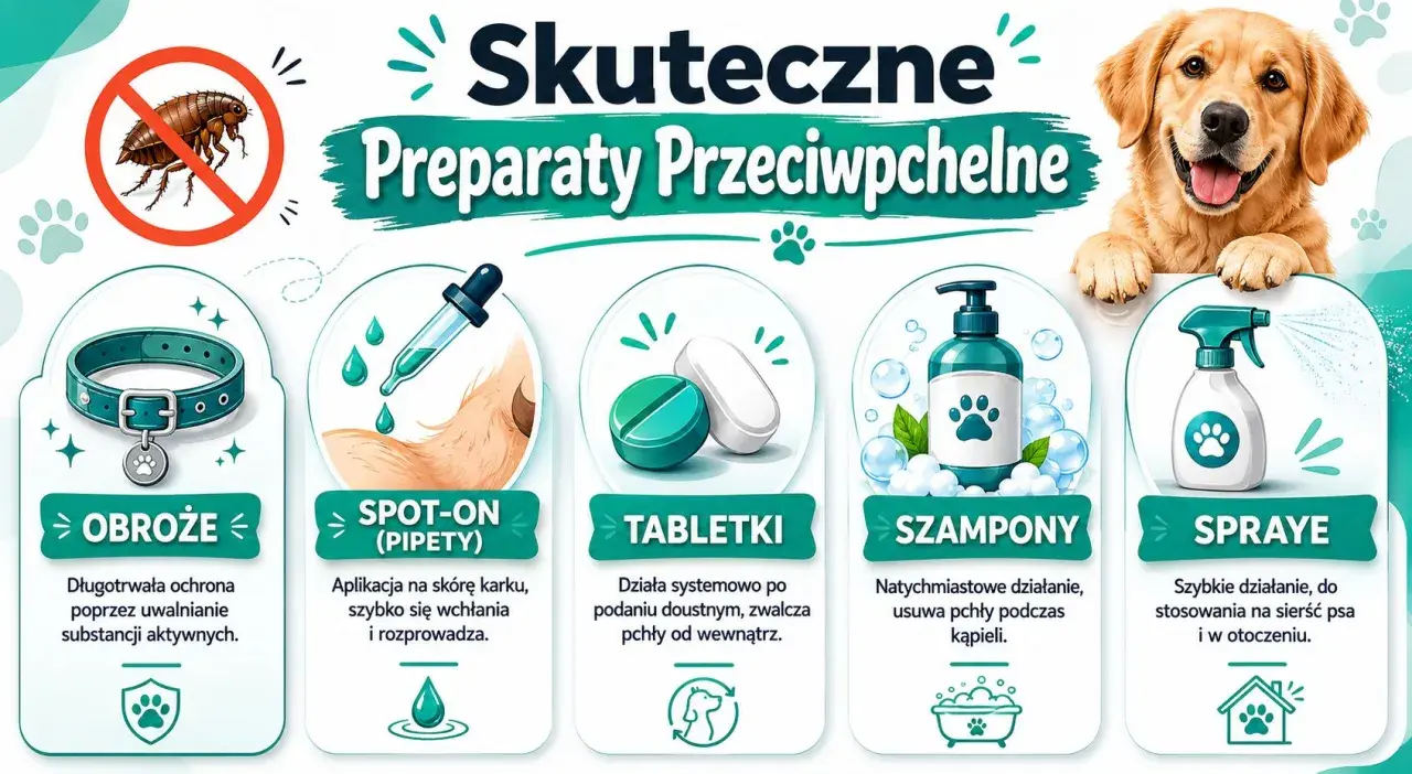 Jak pozbyc sie pchel? Grafika pokazuje obroże, spot-on, tabletki, szampony i spraye jako skuteczne preparaty przeciw pchłom dla psów.