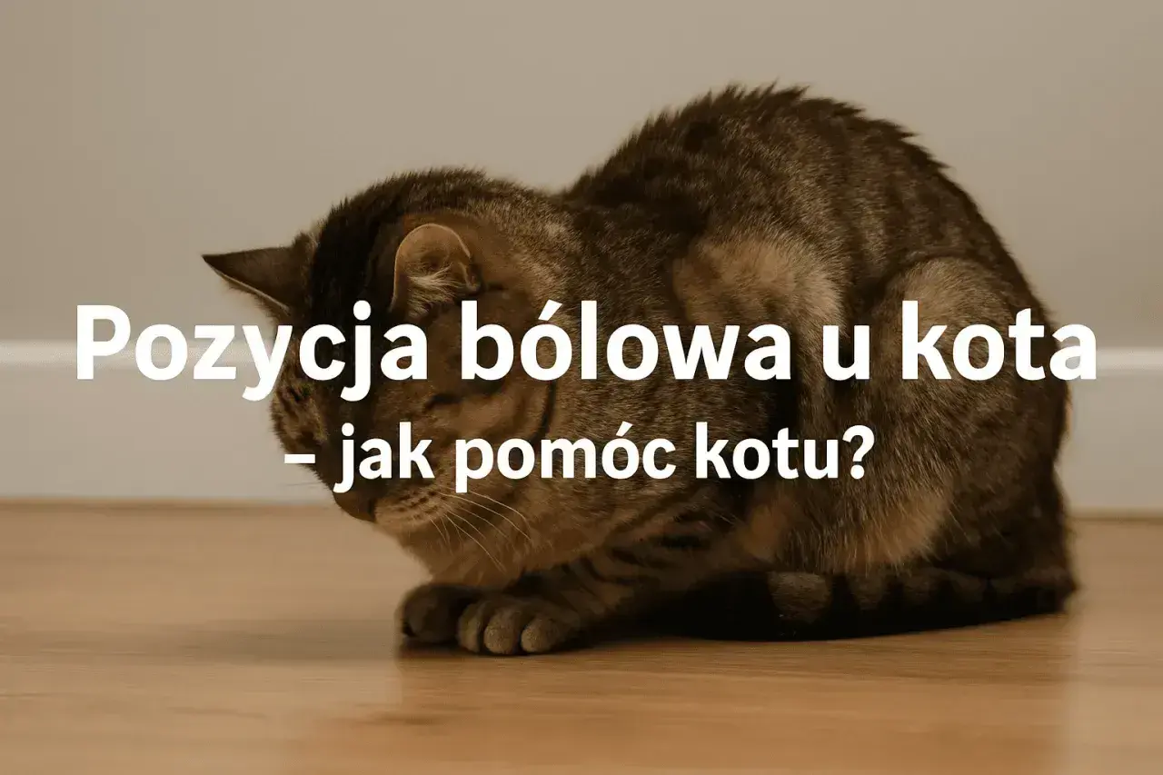 Chory kot zwinięty w kłębek, z opuszczoną głową, pokazuje typową pozycję bólową.