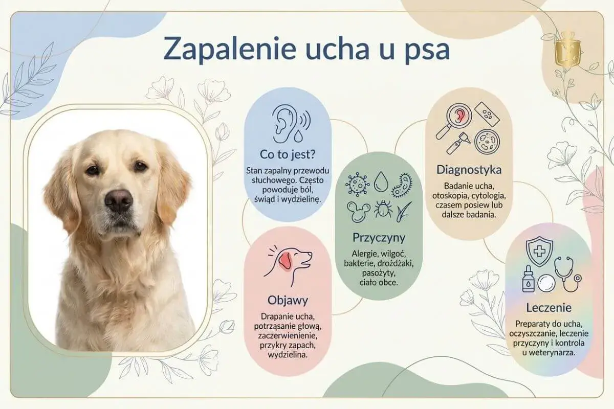 Golden retriever z zapaleniem ucha. Infografika opisuje objawy, przyczyny i leczenie bólu ucha u psa.