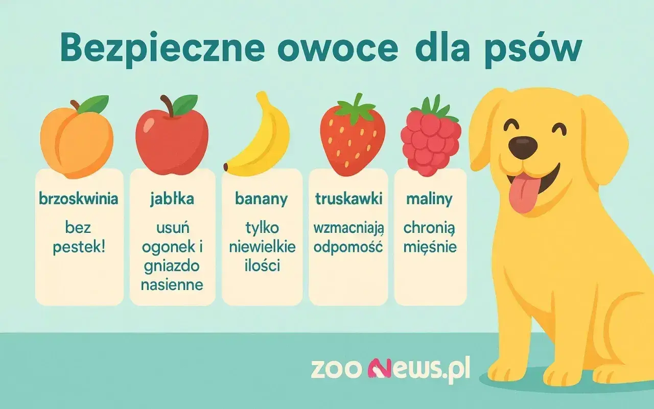 Uśmiechnięty piesek cieszy się owocami: brzoskwinią, jabłkiem, bananem, truskawką i maliną. Dowiedz się, co jedzą psy!