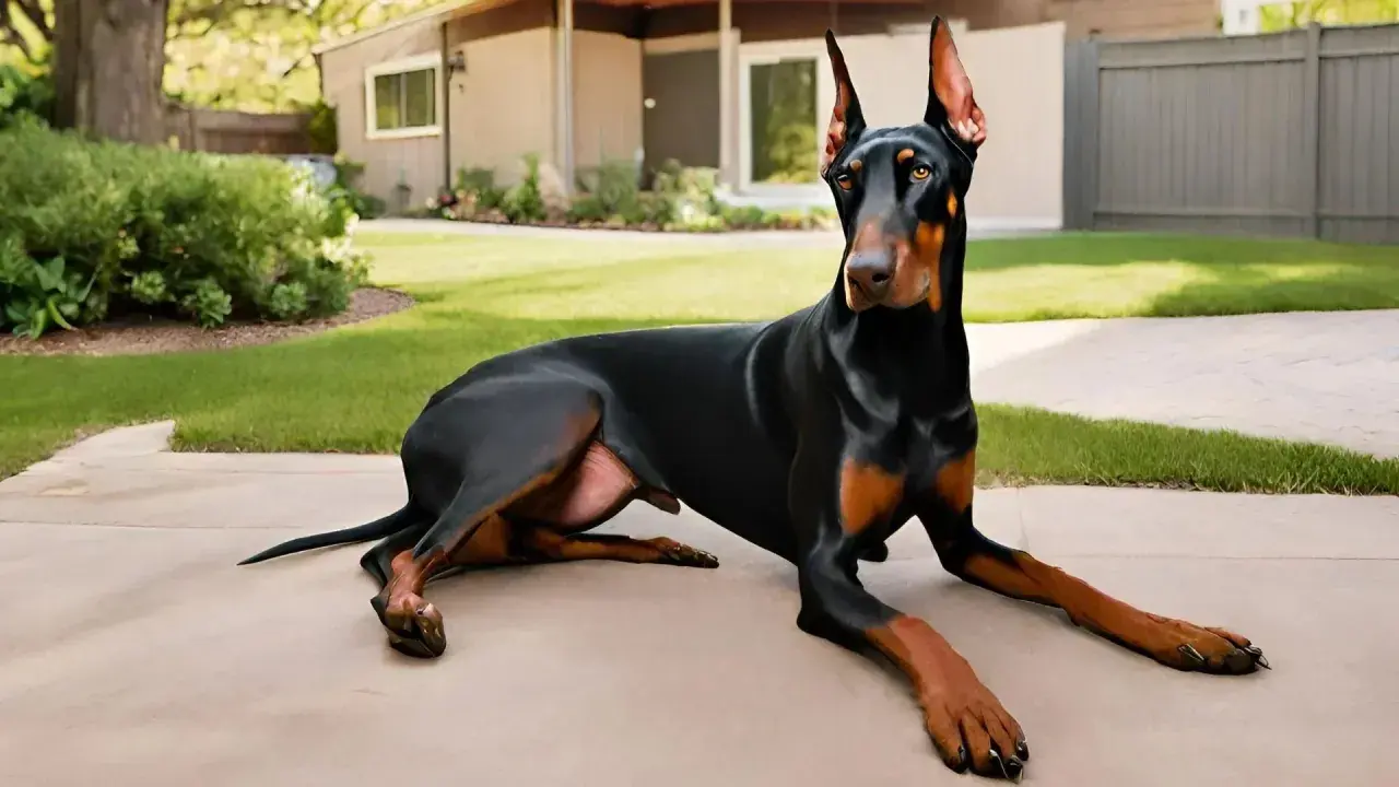 Elegancki Doberman, jedna z imponujących ras psów dużych, odpoczywa na podjeździe przed domem.