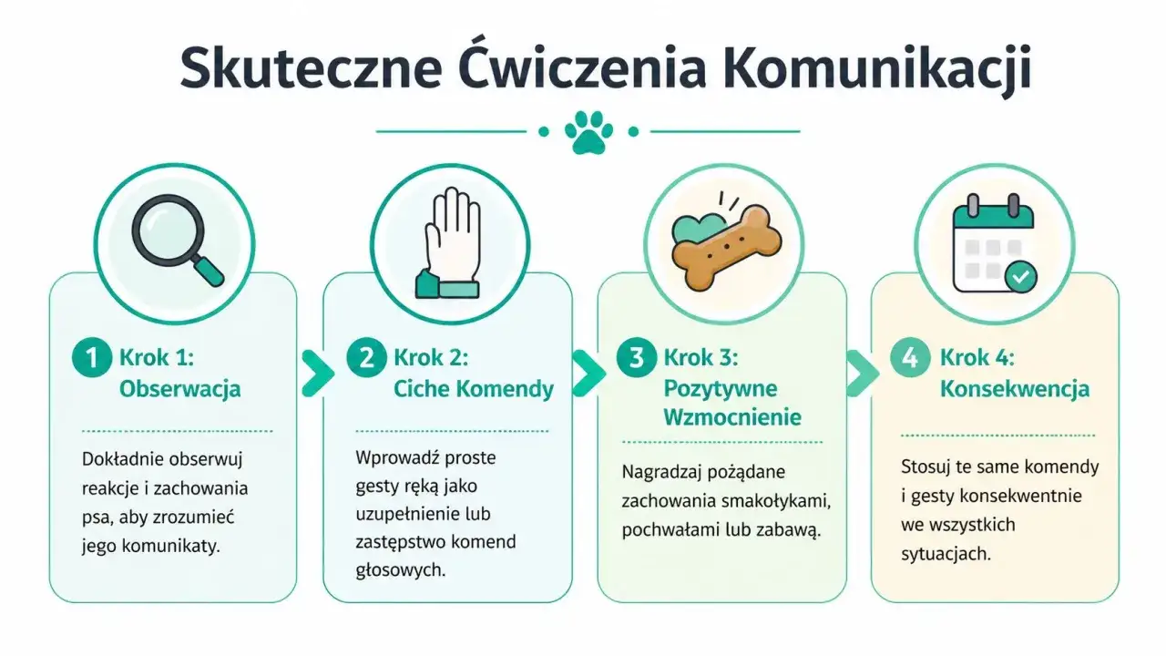 Cztery kroki do skutecznej komunikacji z psem: obserwacja, ciche komendy, pozytywne wzmocnienie i konsekwencja. Pomaga to jak oduczyć psa szczekania.