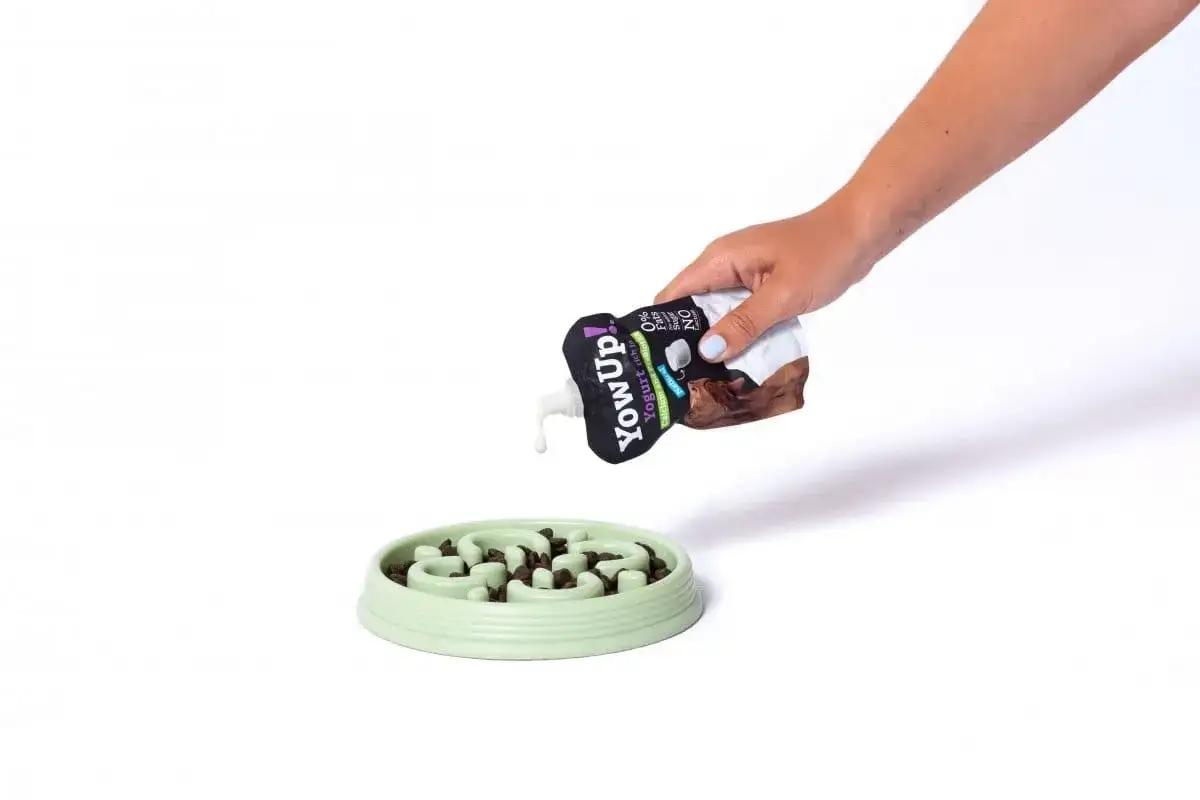 Ręka wylewa jogurt naturalny z tubki na karmę w misce spowalniającej jedzenie. Czy pies może jeść jogurt naturalny? Tak, jeśli jest to specjalny jogurt dla psów.