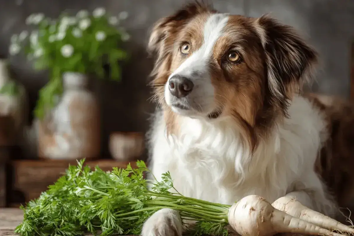 Pies z zaciekawieniem patrzy na pęczek pietruszki i pasternaku. Czy pies może jeść pietruszkę?