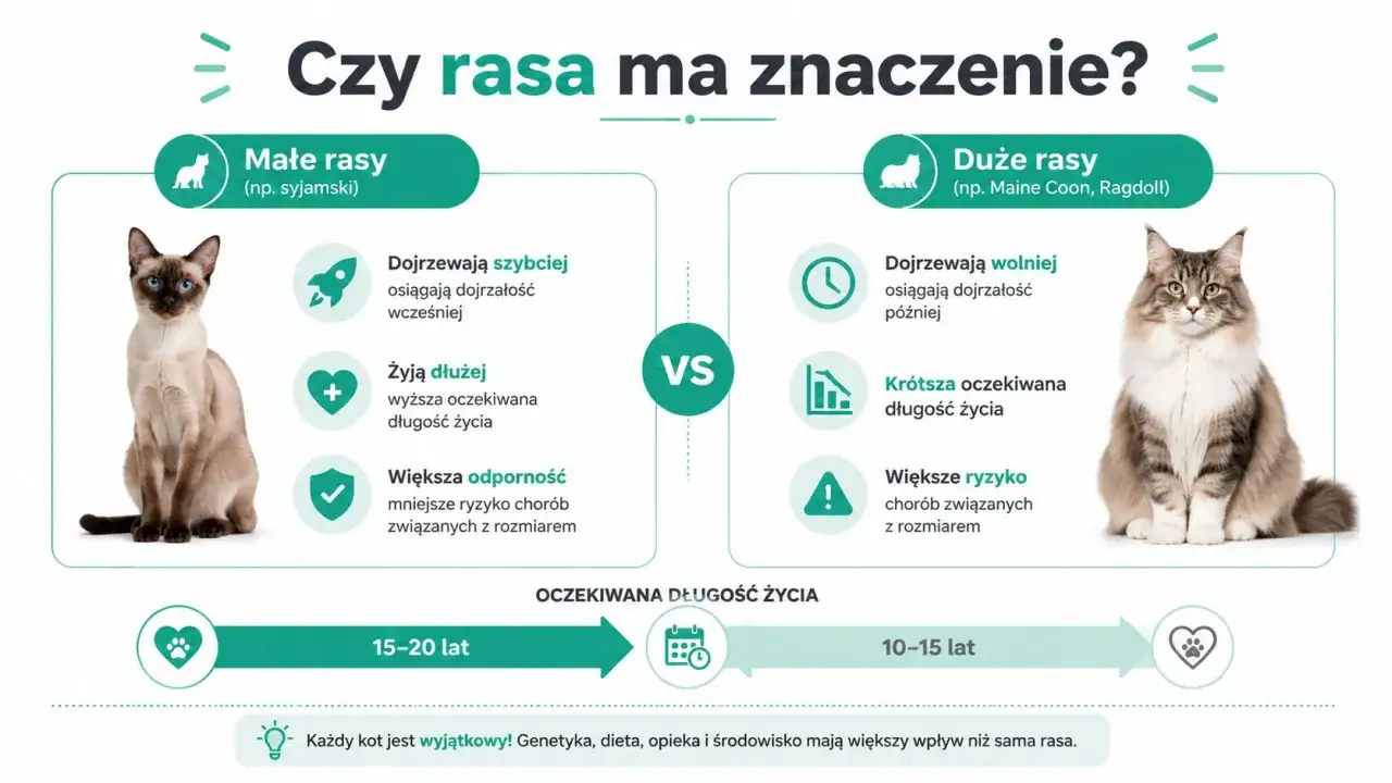 Małe koty żyją dłużej (15-20 lat) niż duże rasy (10-15 lat). Porównanie cech małych i dużych ras kotów.