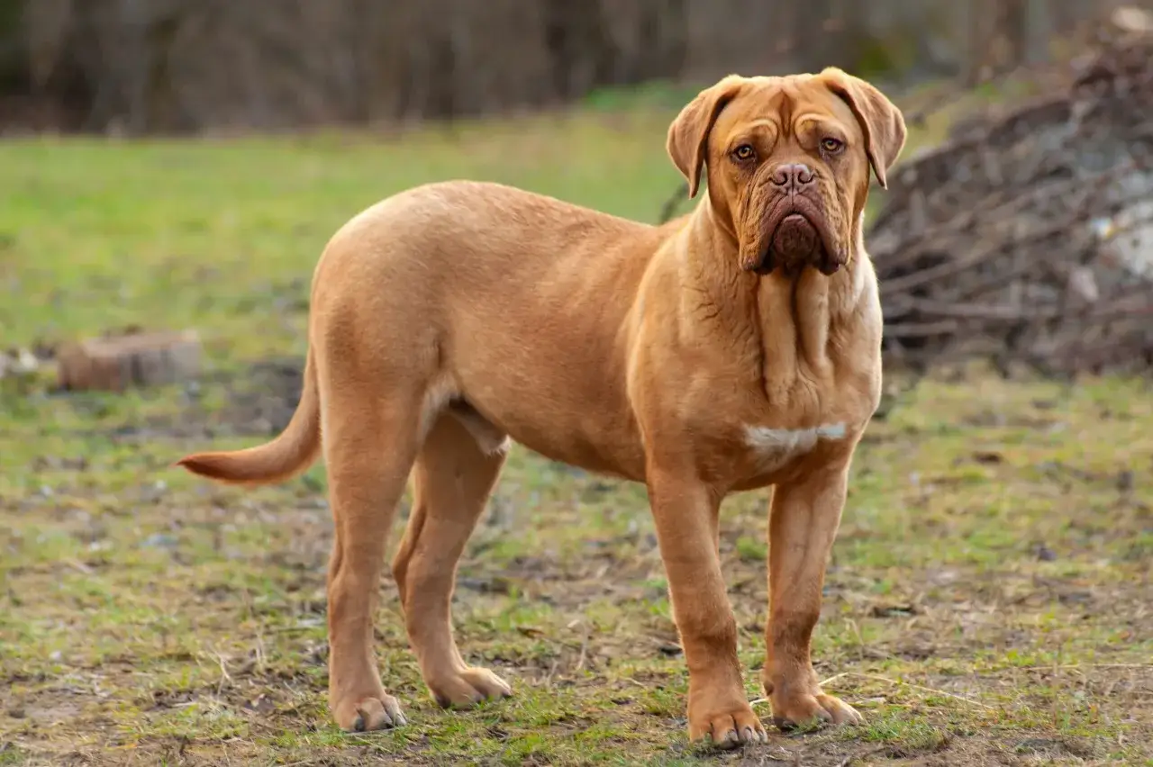 Potężny dog z bordeaux o rudym umaszczeniu stoi na trawiastym tle. Jego charakterystyczna, pomarszczona kufa i łagodne oczy przyciągają uwagę.