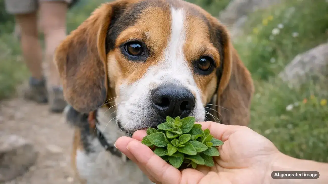 Beagle wącha świeży oregano dla psa. W tle widać nogi osoby idącej po ścieżce.