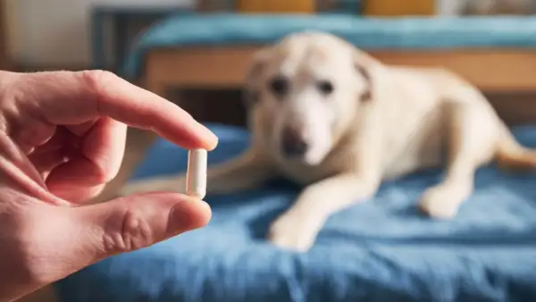 Dłoń trzyma kapsułkę, a w tle leży pies. Czy to paracetamol dla psa?