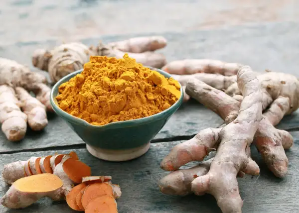 Miseczka z kurkumą w proszku i świeże korzenie kurkumy. Może to być naturalny dodatek do diety, np. kurkuma dla psa.