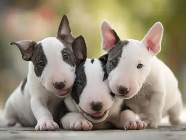Trzy urocze szczenięta bull terrier, które w przyszłości mogą być uznawane za najgroźniejsze psy, teraz wyglądają na niewinne i przyjazne.